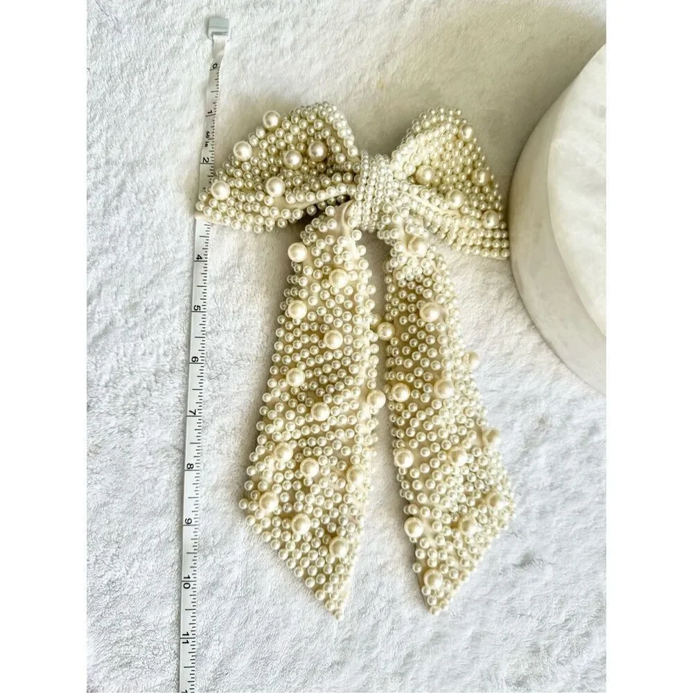 Stunning studded pearl bridal hair bow with barette snap clothes ￼